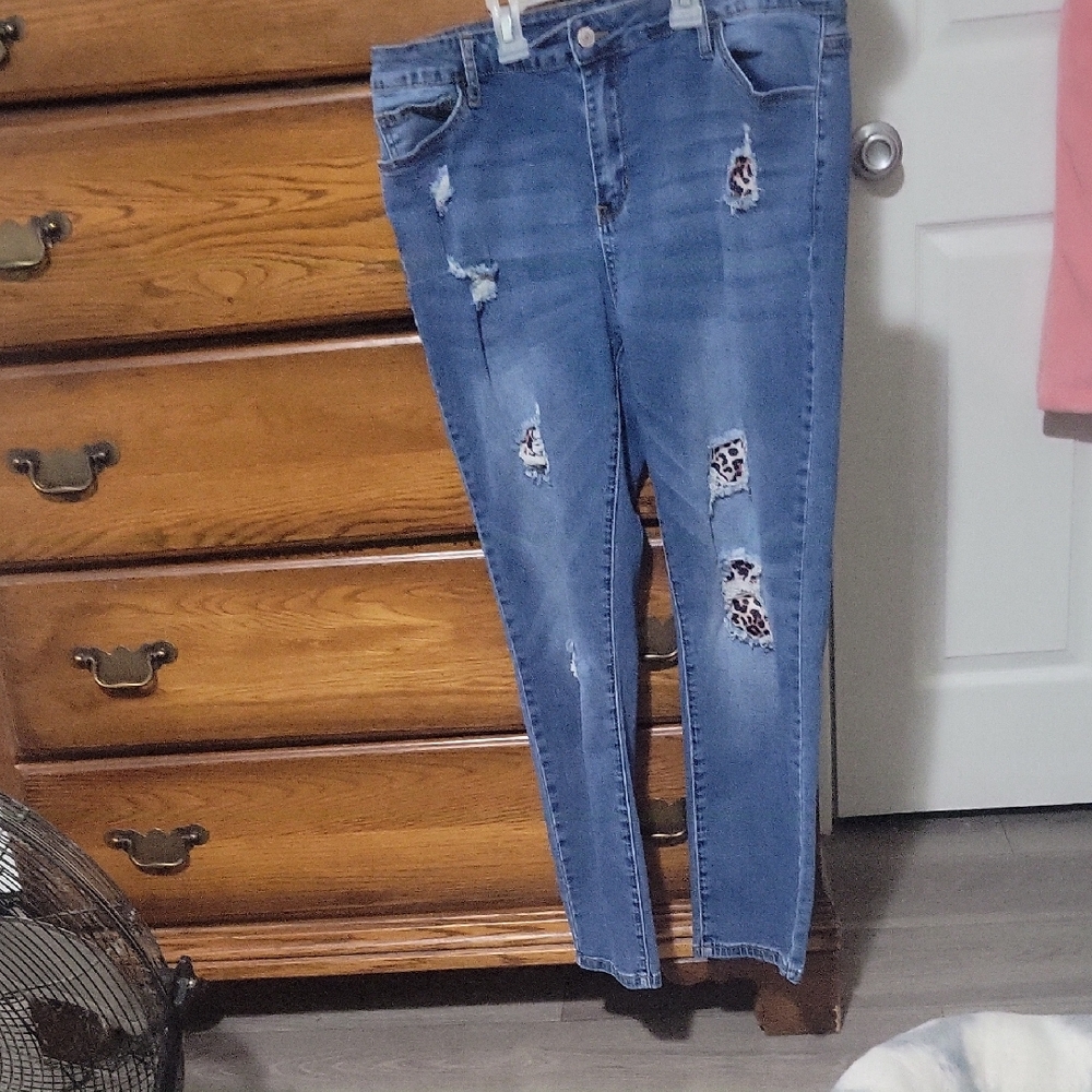 Women's Blue Distressed Skinny Jeans with Leopard Patch Detail